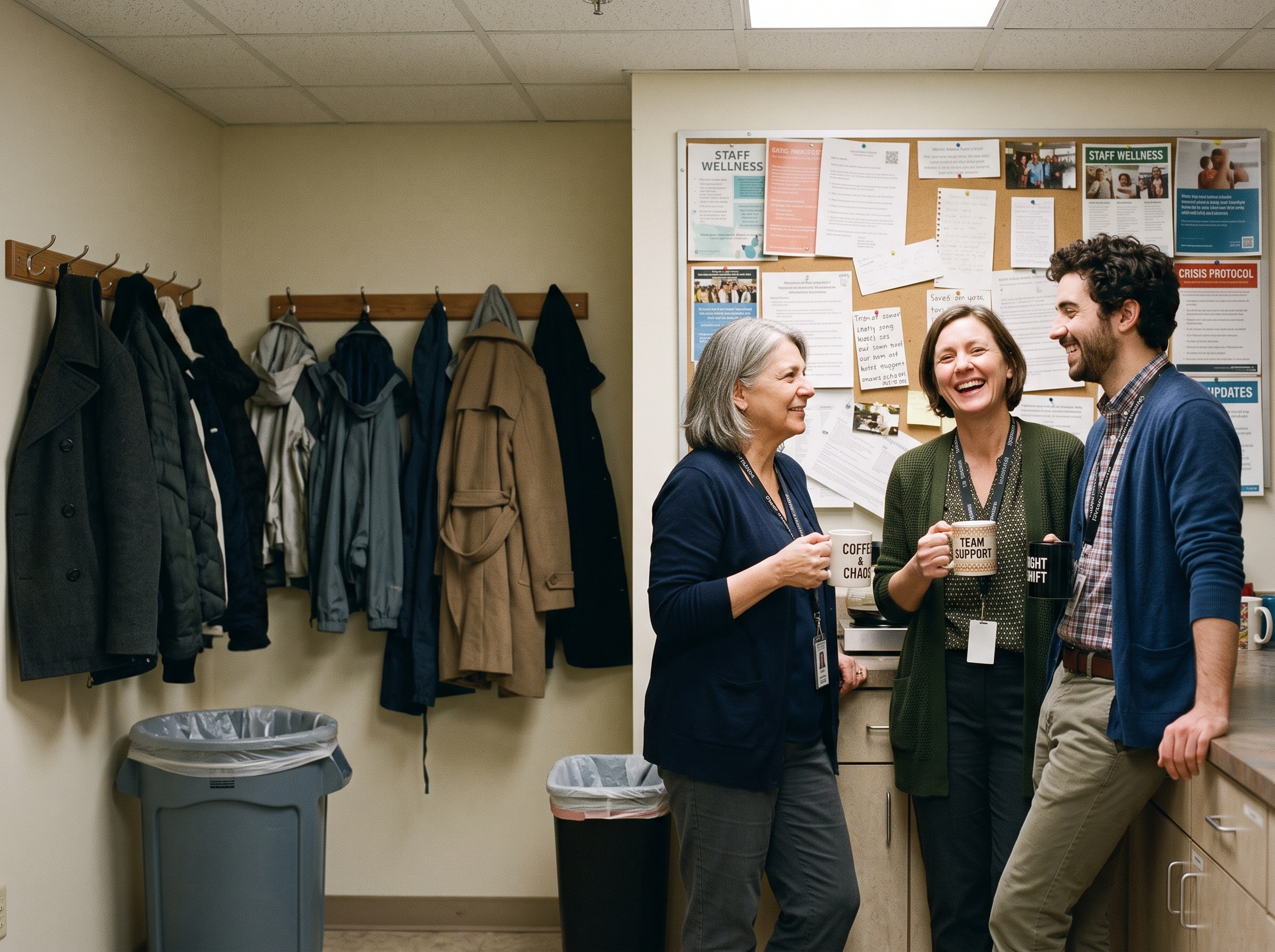 Crisis team members sharing a laugh over coffee in the break room