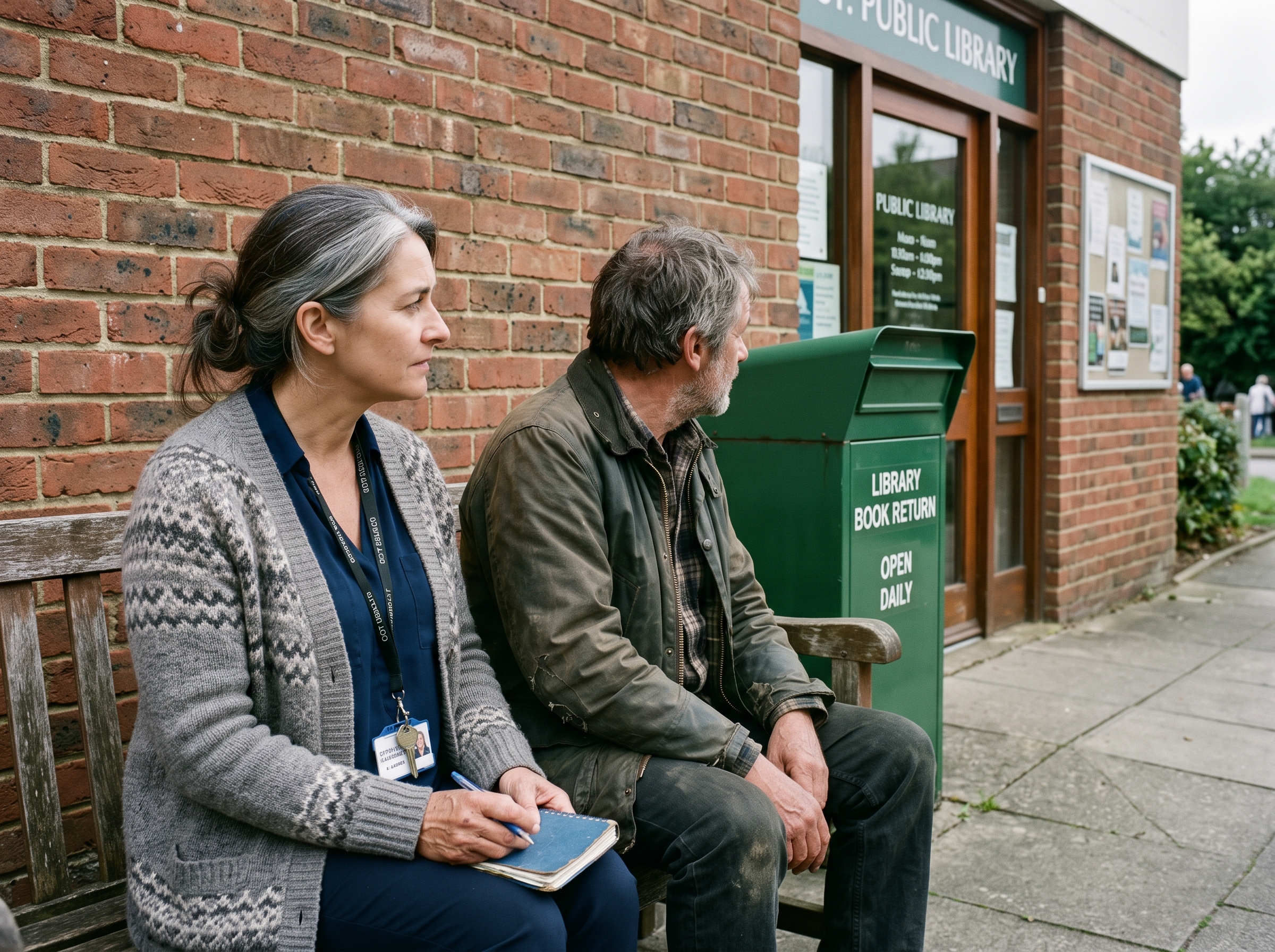 Mental health clinician listening to a man on a bench outside a public library