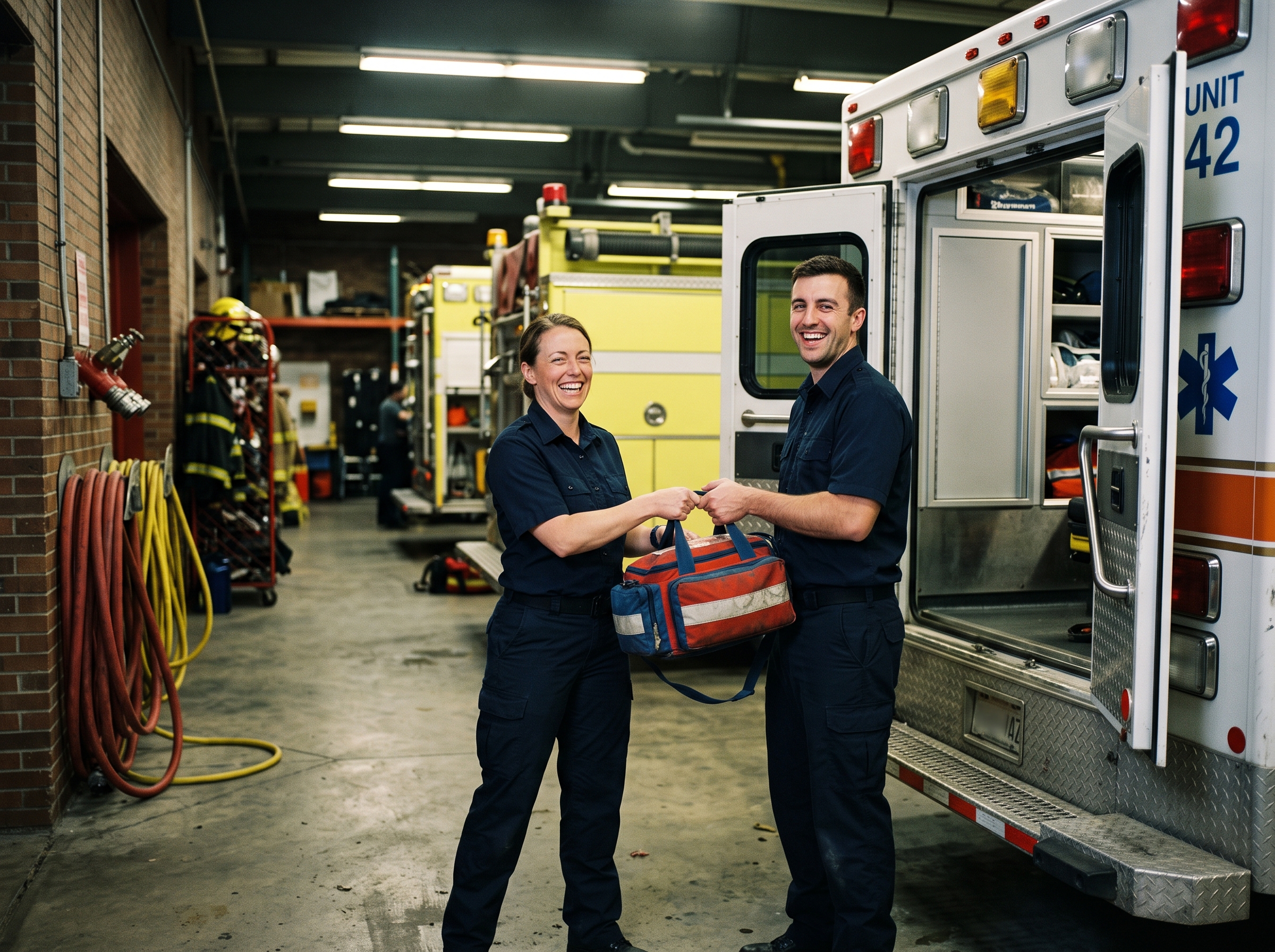 Two paramedics sharing a laugh while restocking their ambulance