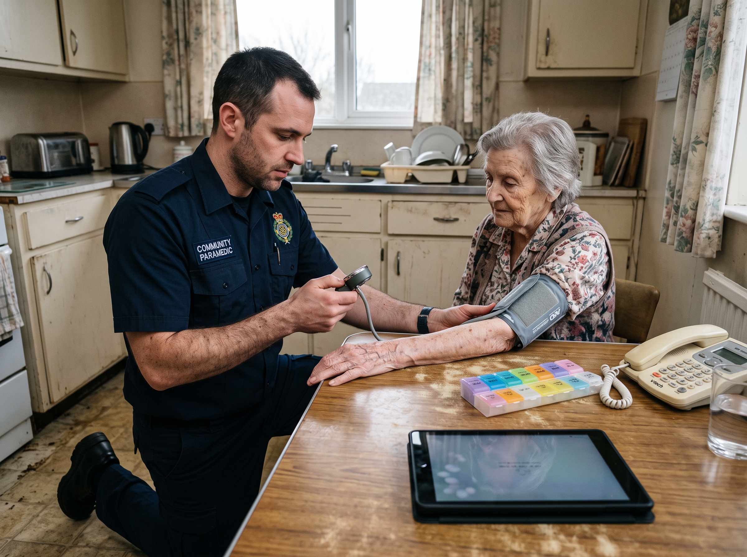 Community paramedic checking an elderly woman's blood pressure at her kitchen table