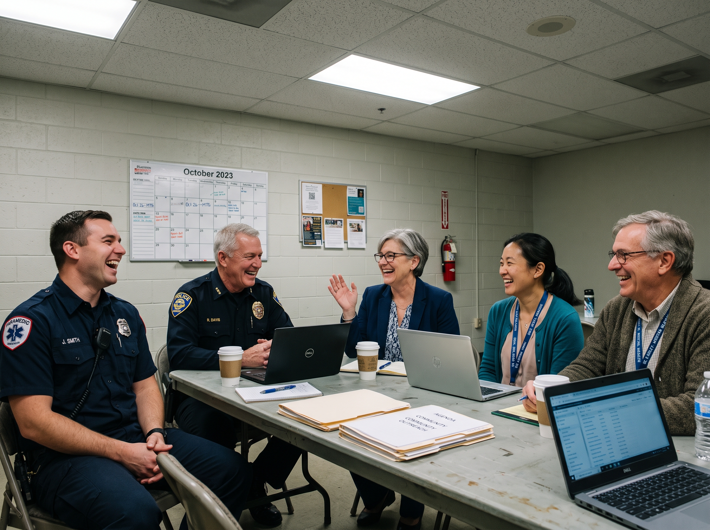 Two responders sharing a laugh between calls