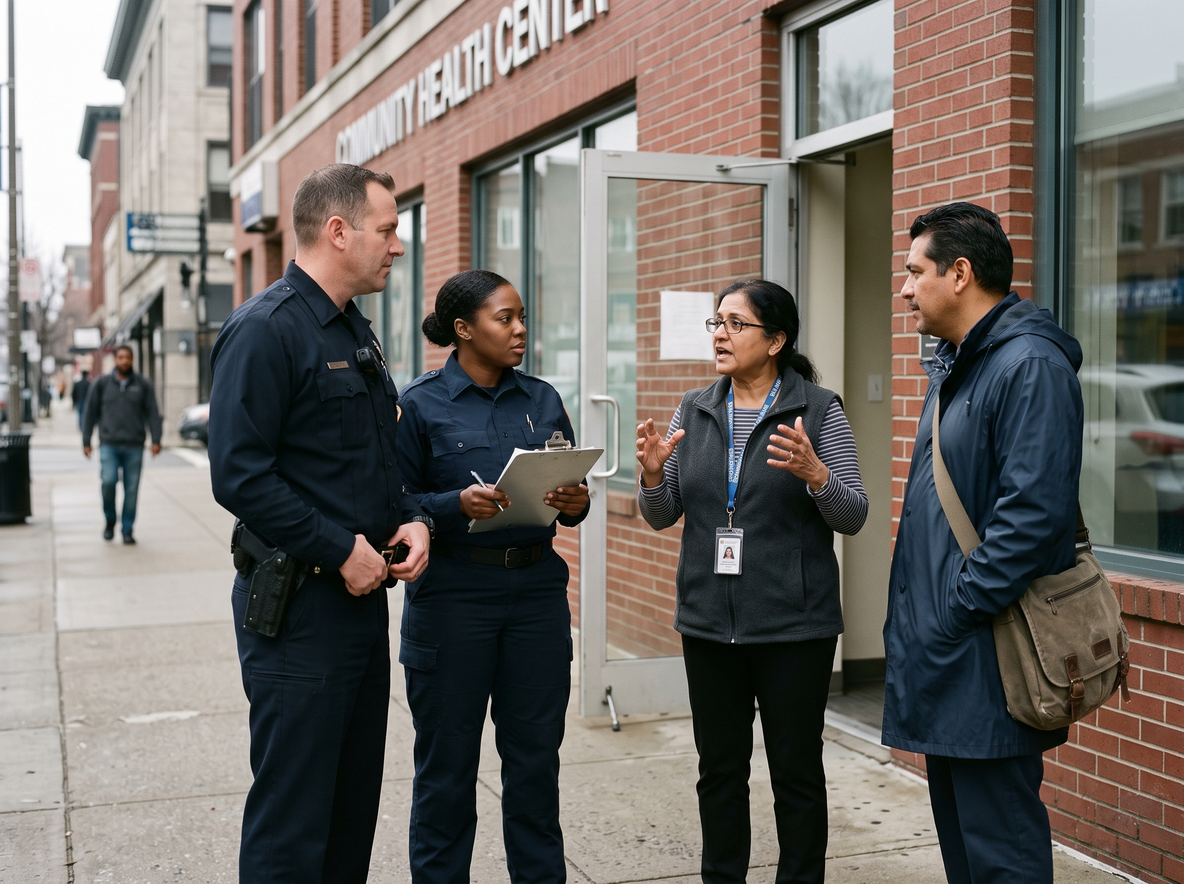 A clinician and an officer working together with a community member