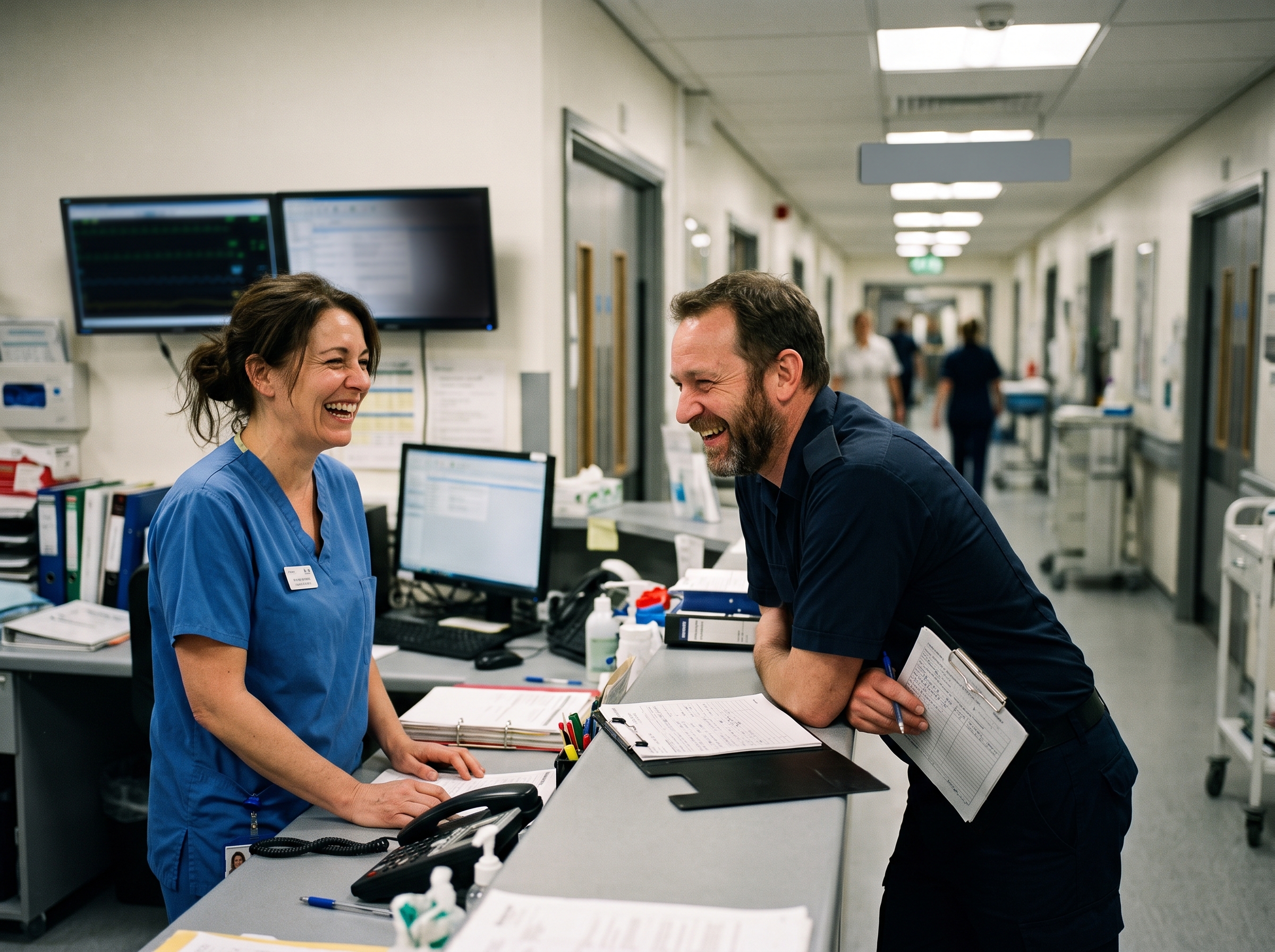 A nurse and community paramedic sharing a laugh at the nurses station