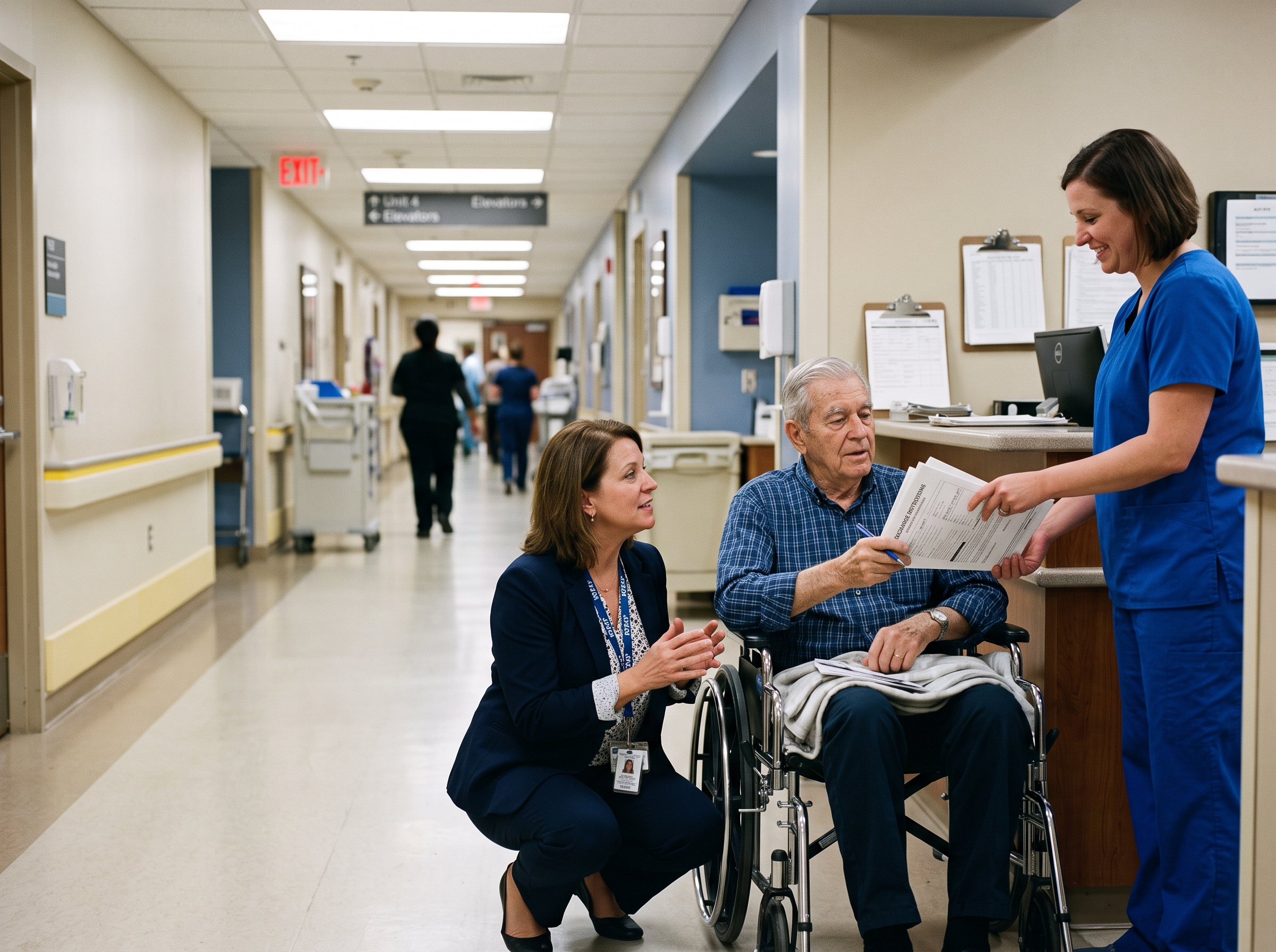 Care team walking a patient through discharge paperwork