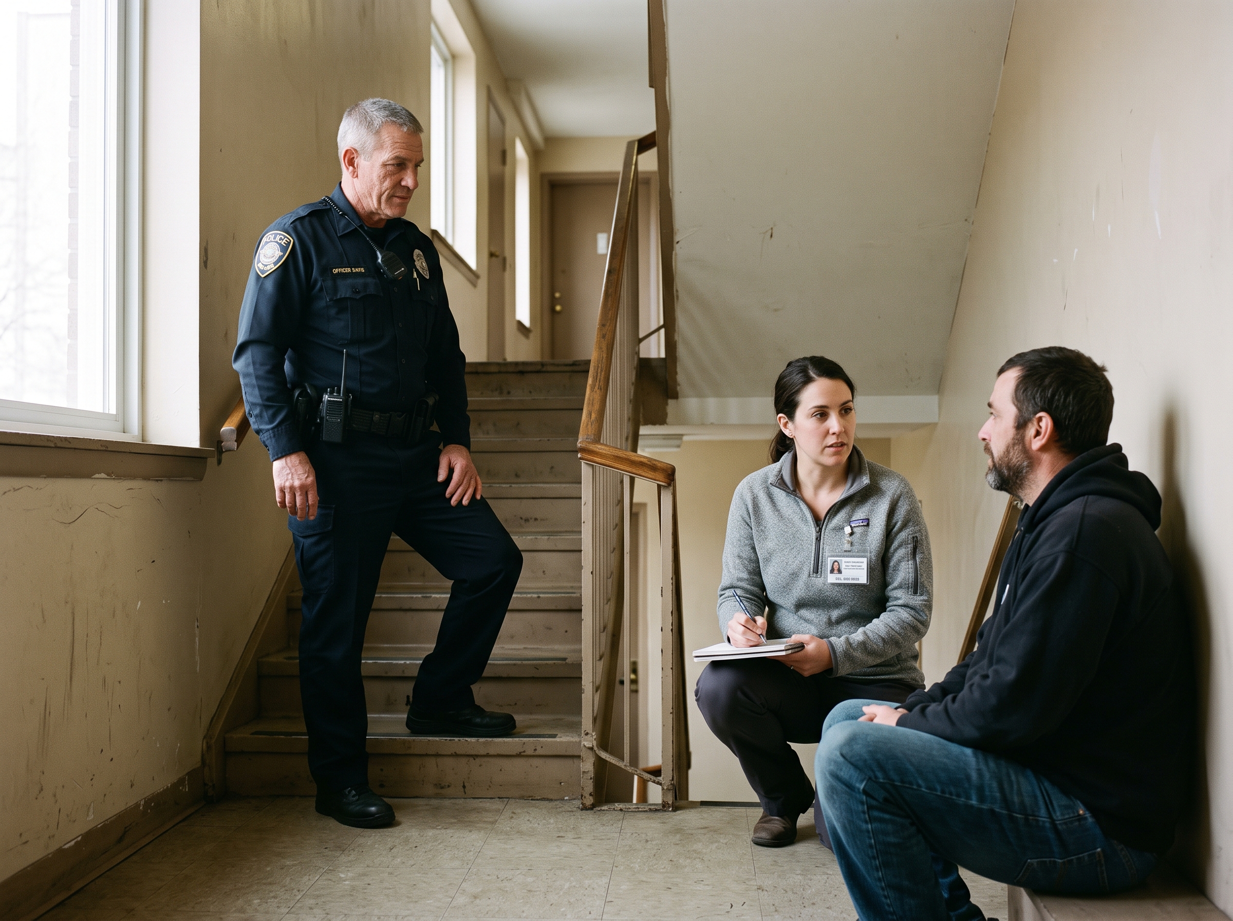 Mental health clinician speaking with a resident while a police officer stands by