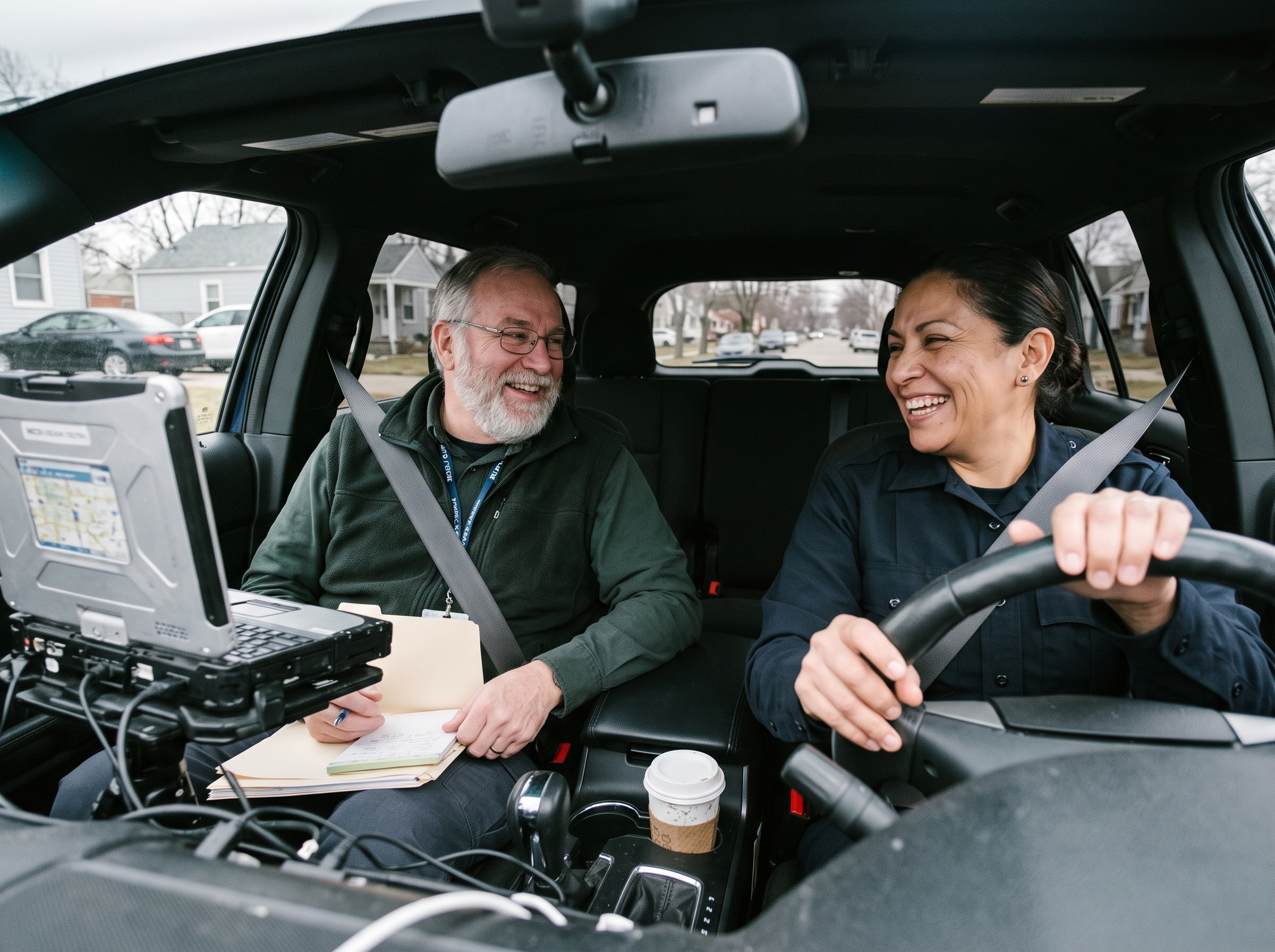 Officer and clinician sharing a laugh in their vehicle between calls