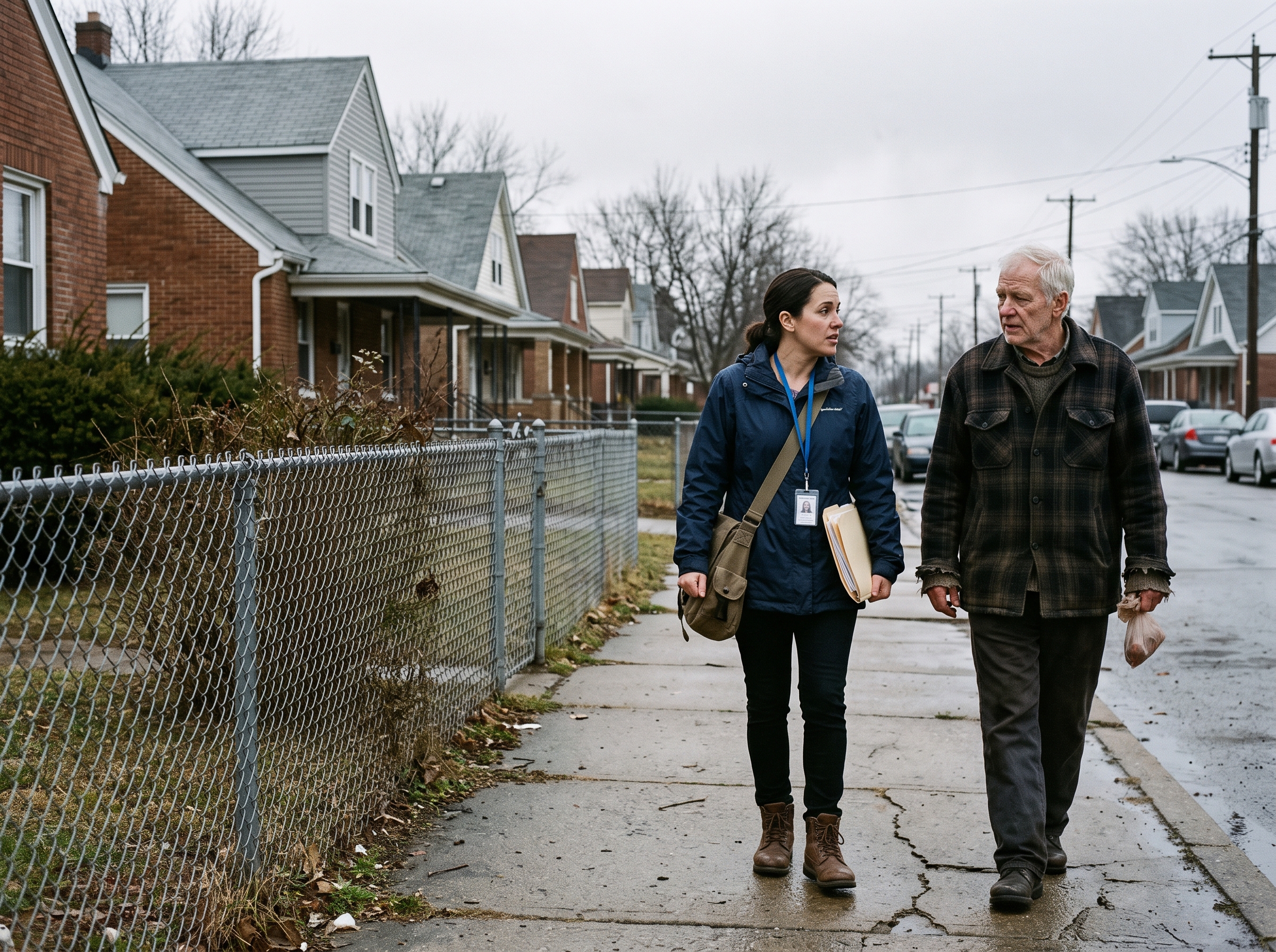 Case worker walking with an older client through his neighborhood